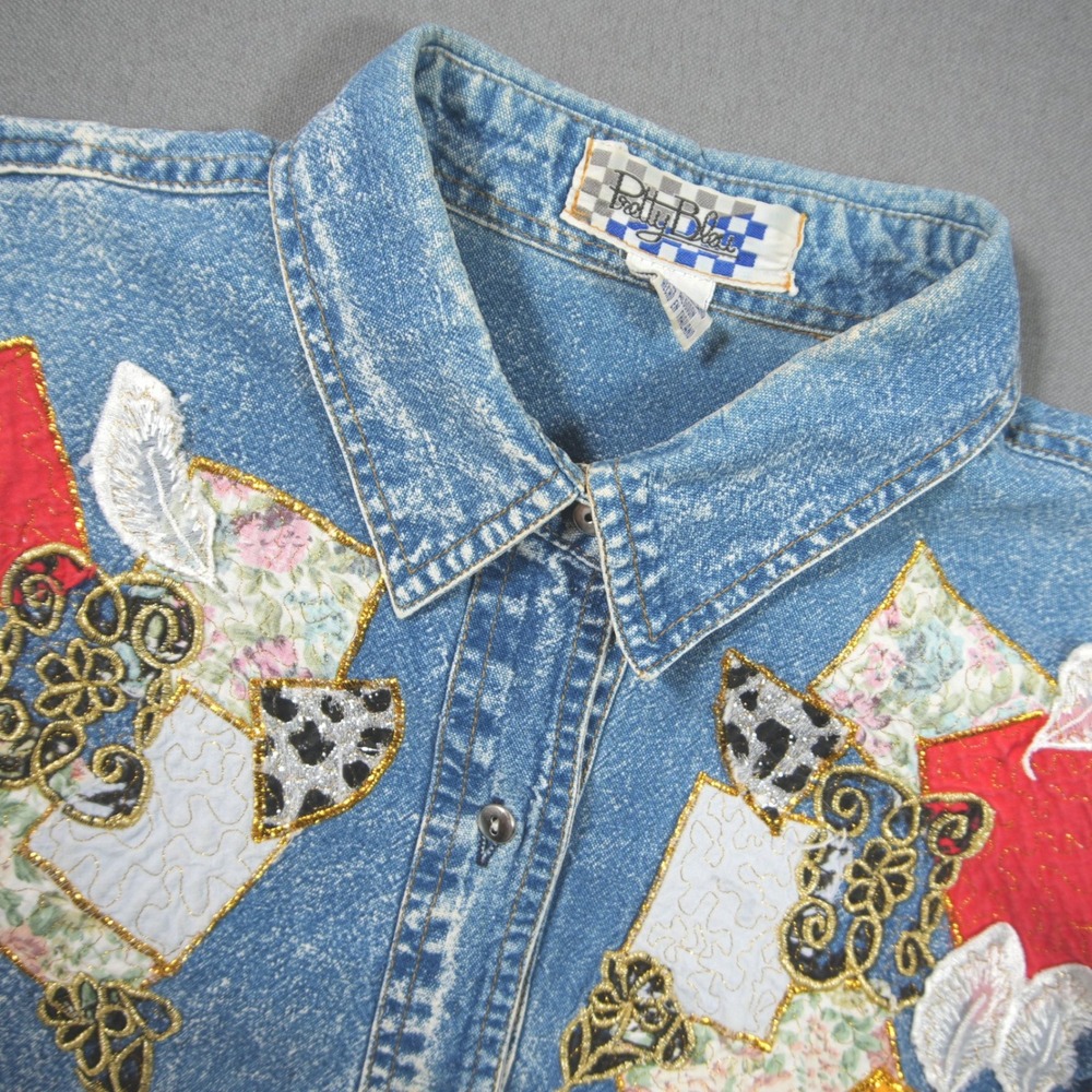 Vintage 90s Denim Acid Wash Patchwork Embellished Women Shirt L Grandma Retro